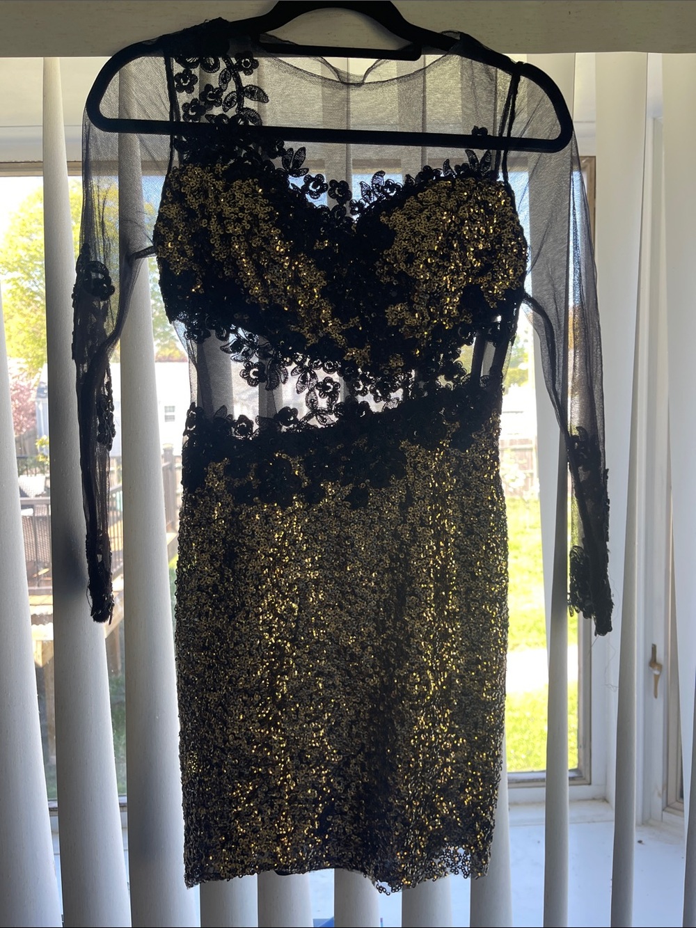 LARA Black Long-Sleeve Sequin & Lace Evening Gown with Gold Embellishment